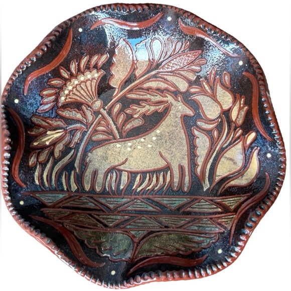 Eldreth Pottery Other - ELDRETH POTTERY VINTAGE
REDWARE DEER AND FLORAL PRINT WAVE EDGE DECORATIVE BOWL